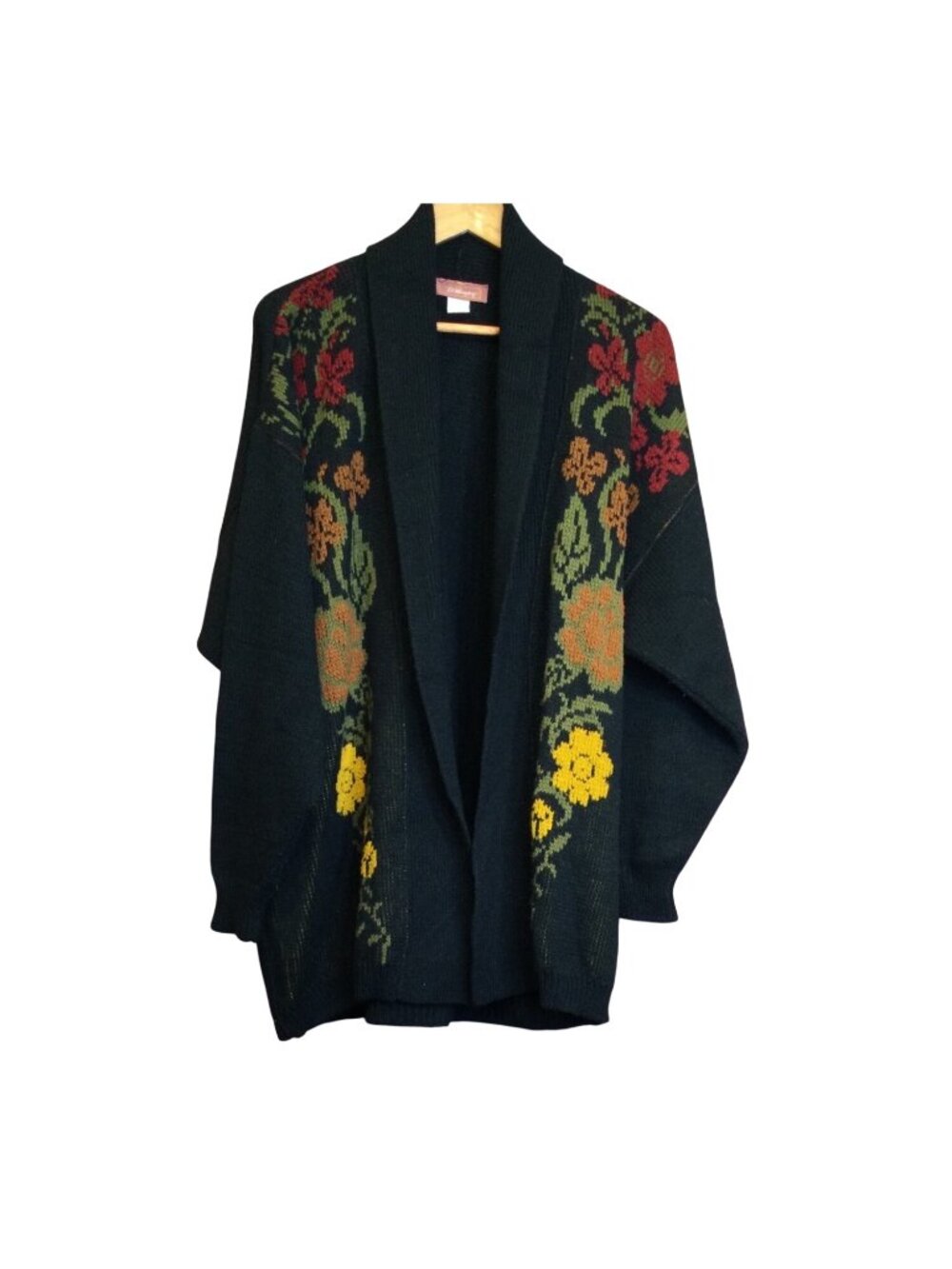 Vintage Black Floral Sweater Open Front Knit Cardigan Size 2X Grandmillennial